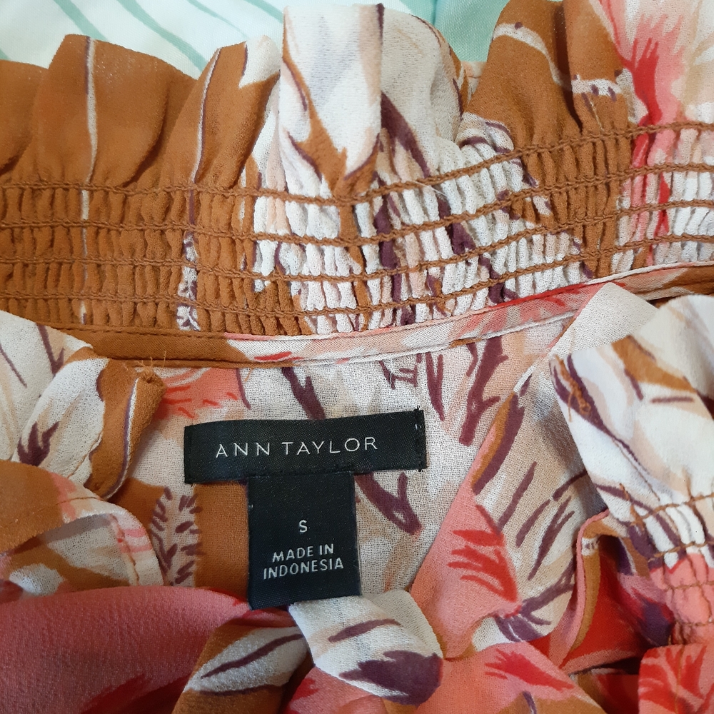 Ann Taylor Rust Floral Tie-Neck Blouse with Pink Blooms - Picture 2 of 2